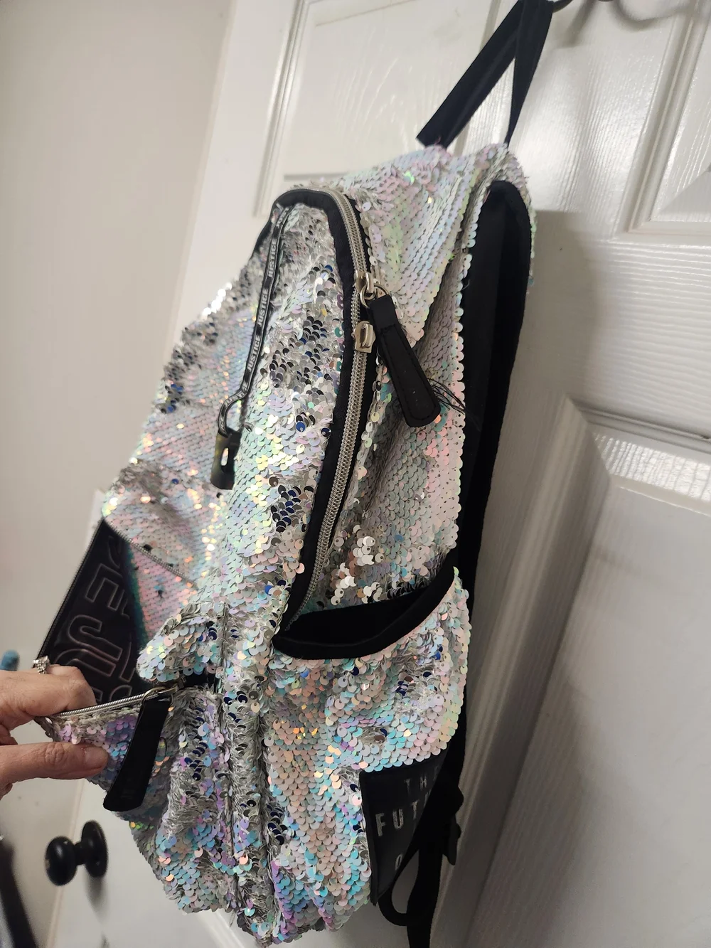 Justice Iridescent Sequin Tote Bag with Black Straps - Pastel Hues